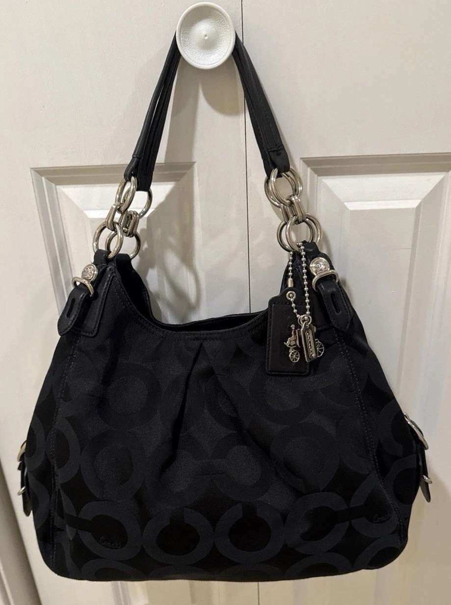 Coach Mia/Madison Op Art  Sateen Black Shoulder Bag Leather E1082-15757