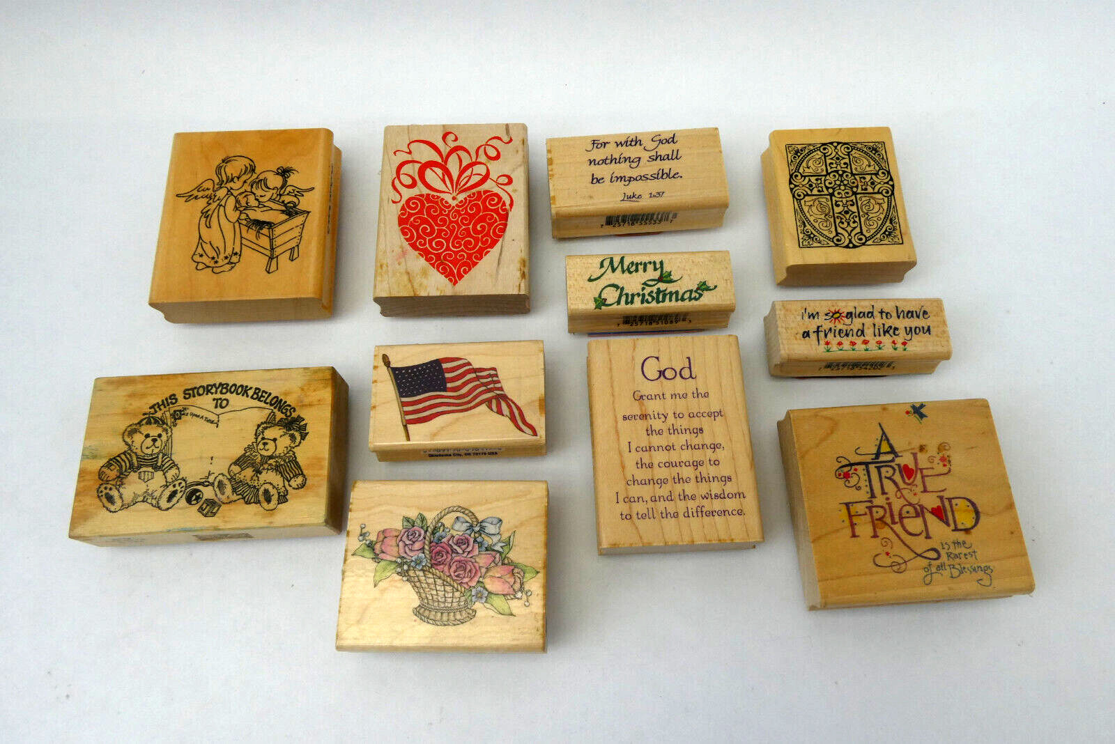 Mixed Lot Vintage Used Wood Block Stamps Stampabilities Inkadinkado Angel Flag
