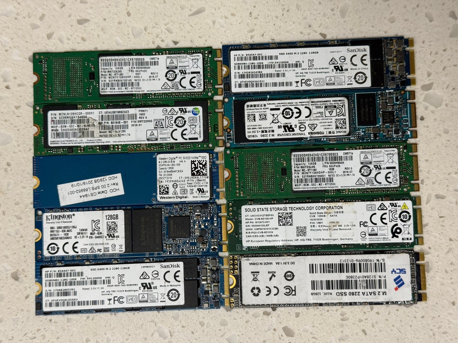 Lot of 10 128GB M.2 SATA SSD Solid State Drives Mixed Brands 2280