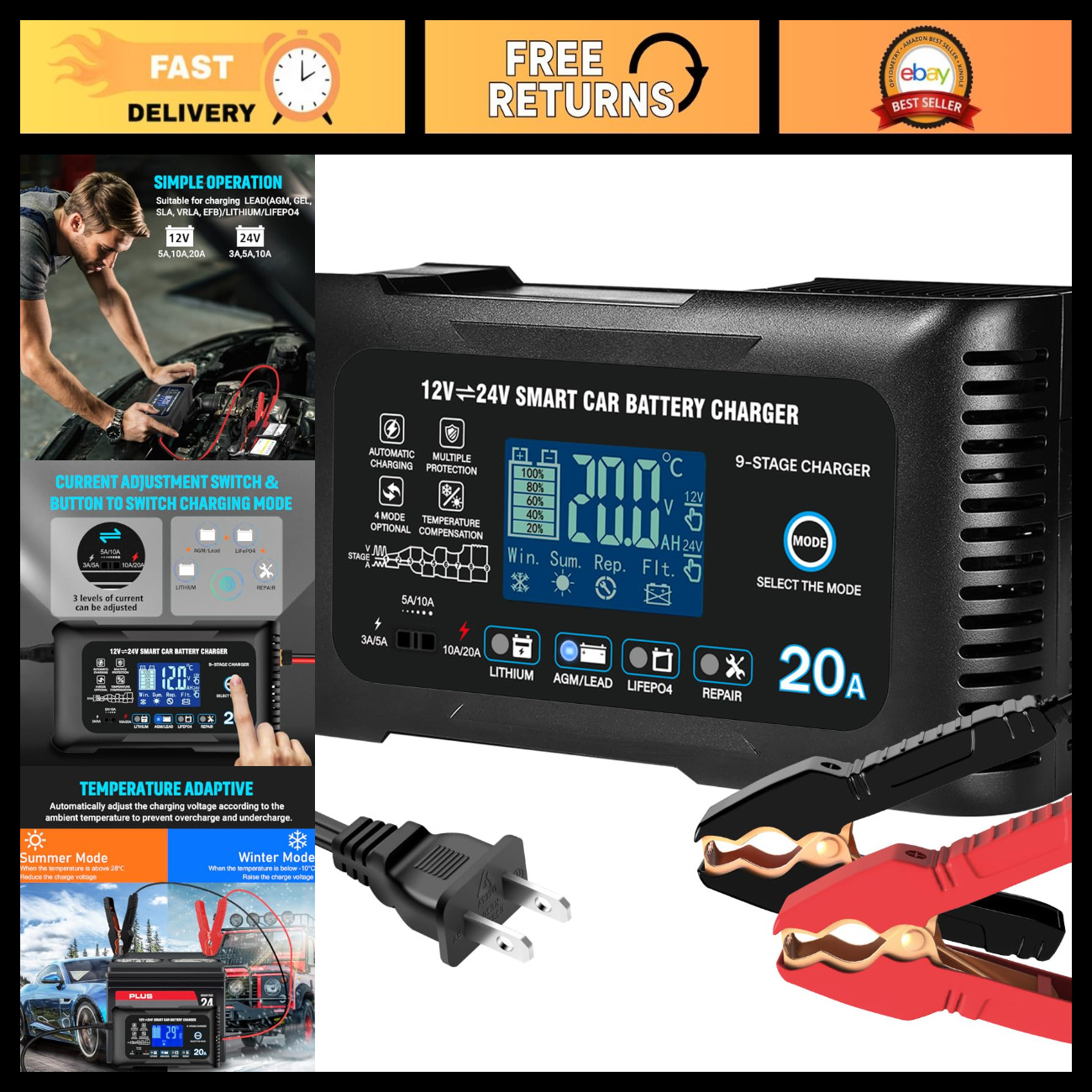 20A Smart Trickle Car Battery Charger 12V/24V Maintainer for Auto & Marine Use 20A Smart Trickle Car Battery Charger 12V/24V Maintainer for Auto & Marine Use