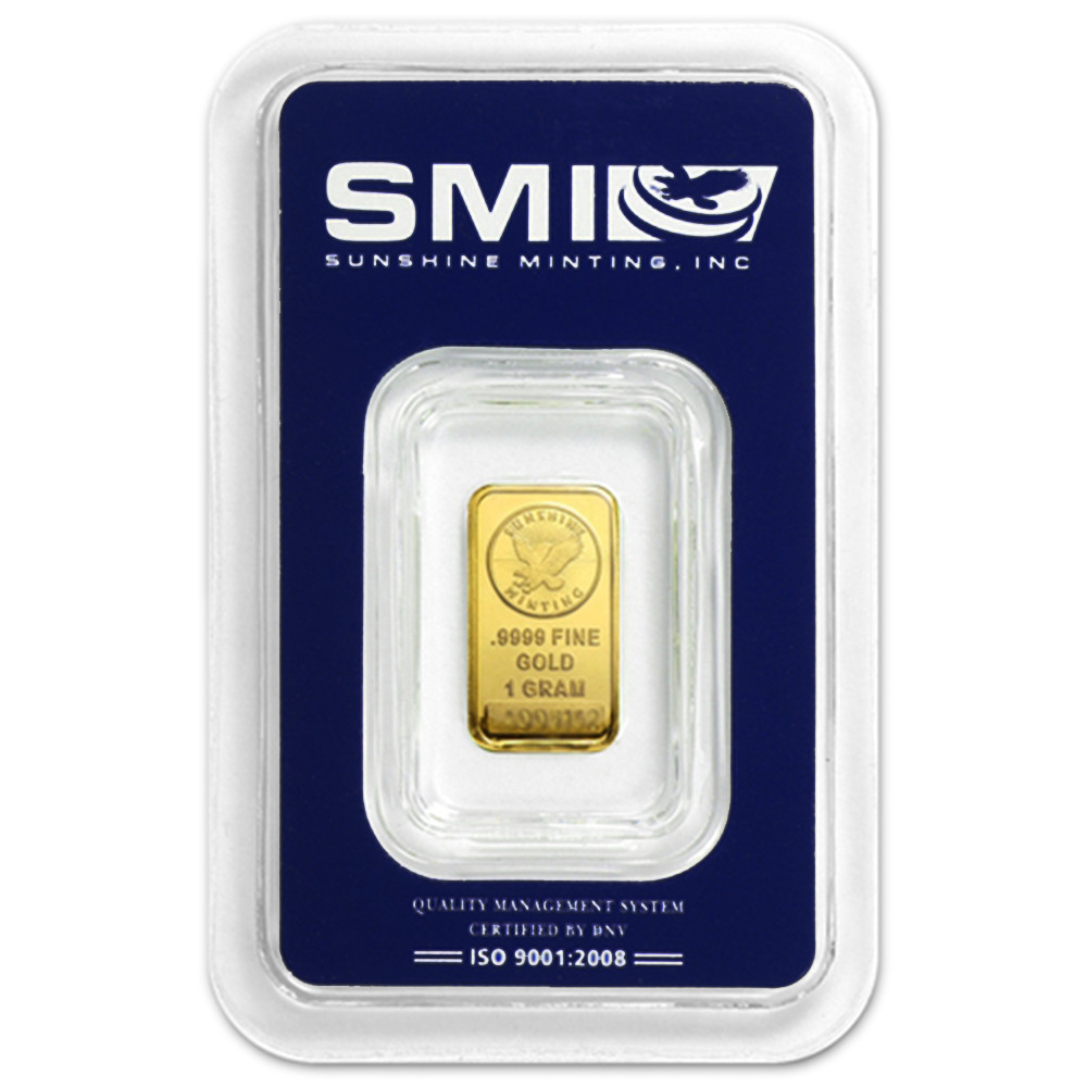 1 Gram Sunshine Mint .9999 Fine Gold Bar In Assay Mint Mark SI 1 Gram Sunshine Mint .9999 Fine Gold Bar In Assay Mint Mark SI