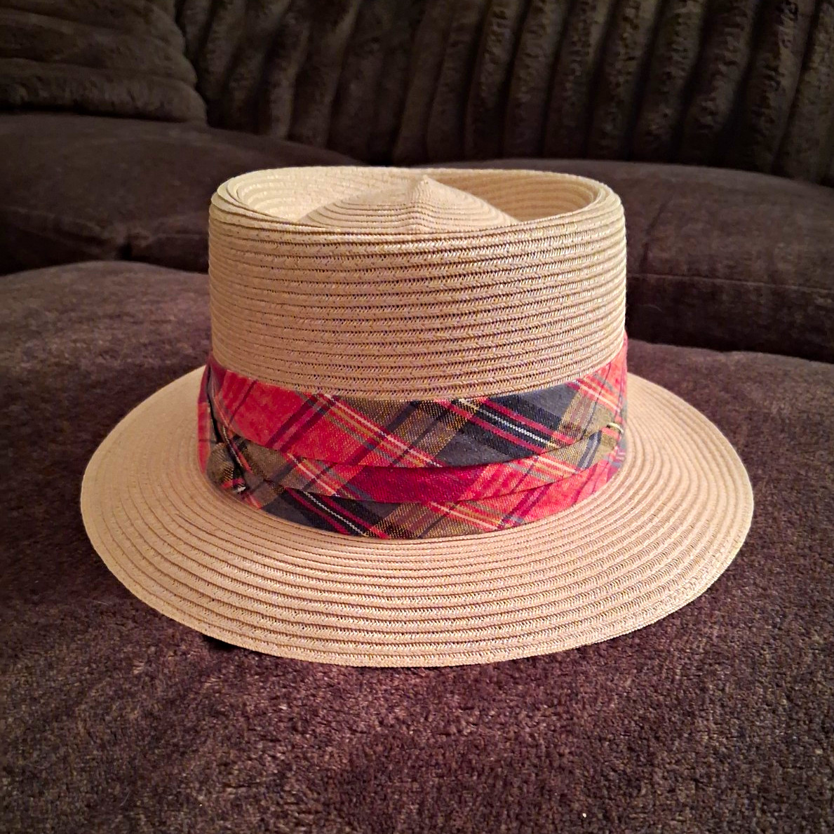Miller Hats Men\'s Fedora Hat 7 1/8 Beige w/ Red Plaid Band Spring/Summer