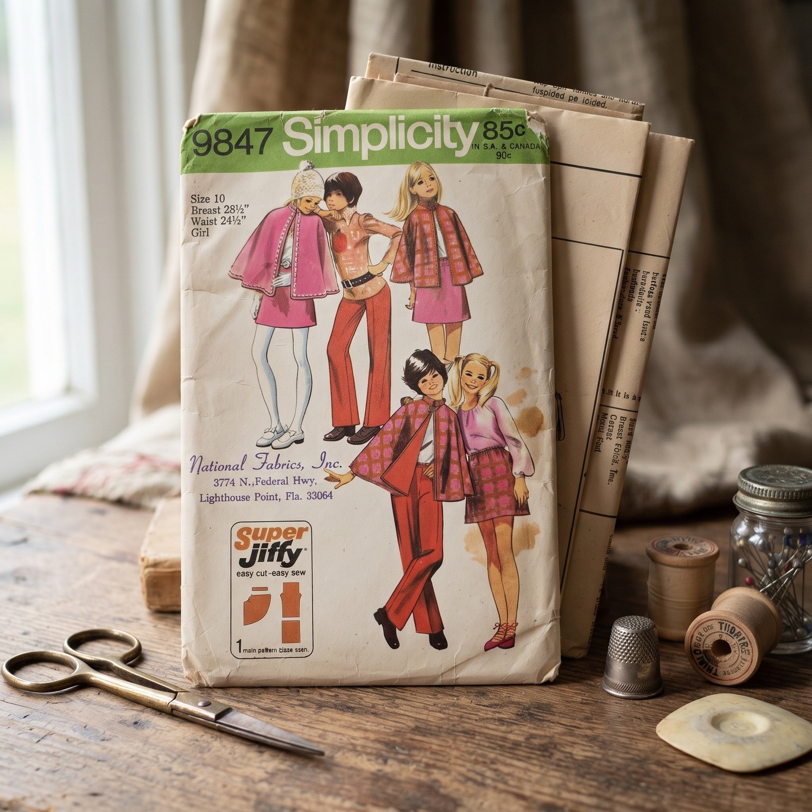 Vintage 1971 Simplicity 9847 Super Jiffy Girls Cape Skirt Pants Pattern Size 10