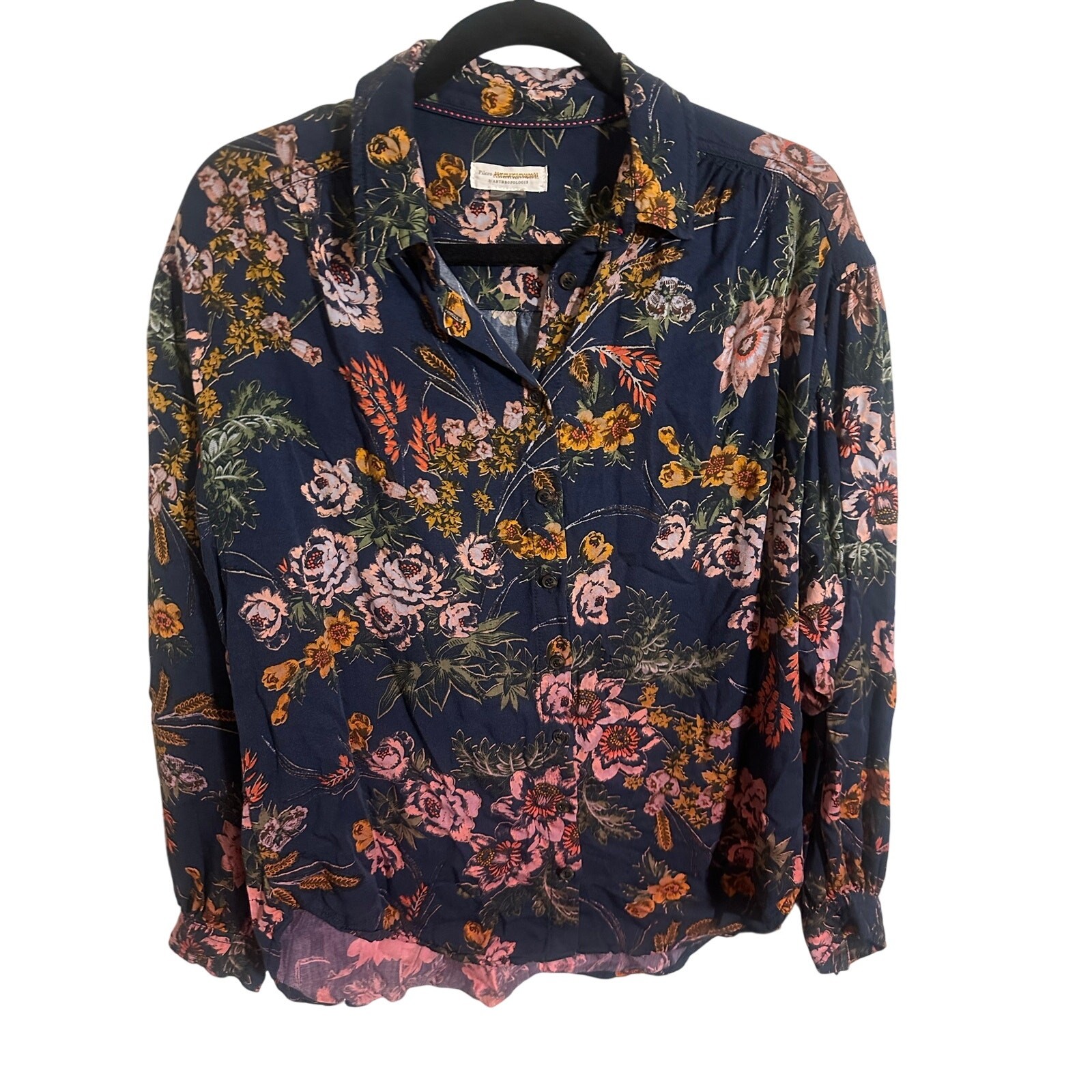 Pilcro Anthropologie Navy Floral Button Down Blouse Medium
