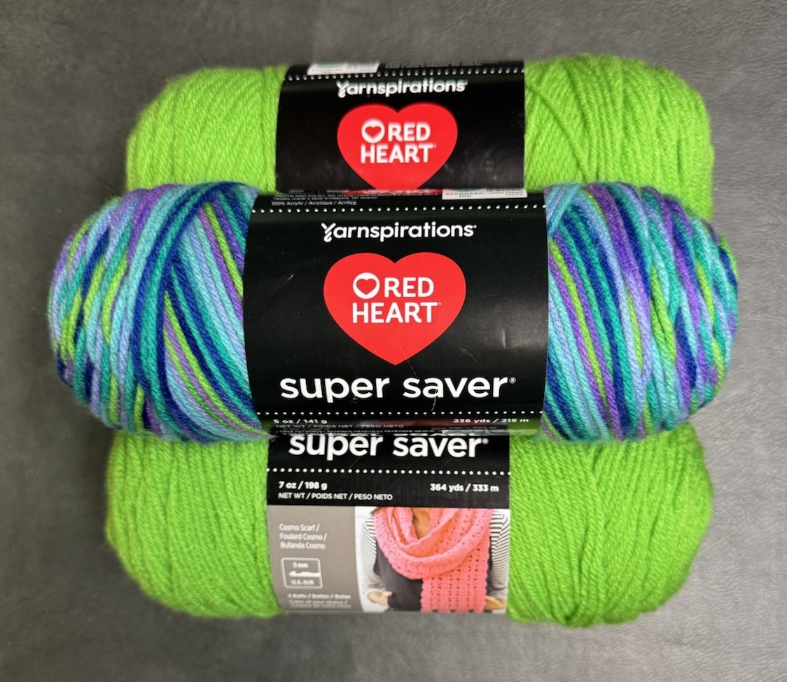 Two Red Heart Super Saver Yarn 3 Pk Spring Green 7 Oz +Red Heart Wildflower 5 Oz Two Red Heart Super Saver Yarn 3 Pk Spring Green 7 Oz +Red Heart Wildflower 5 Oz