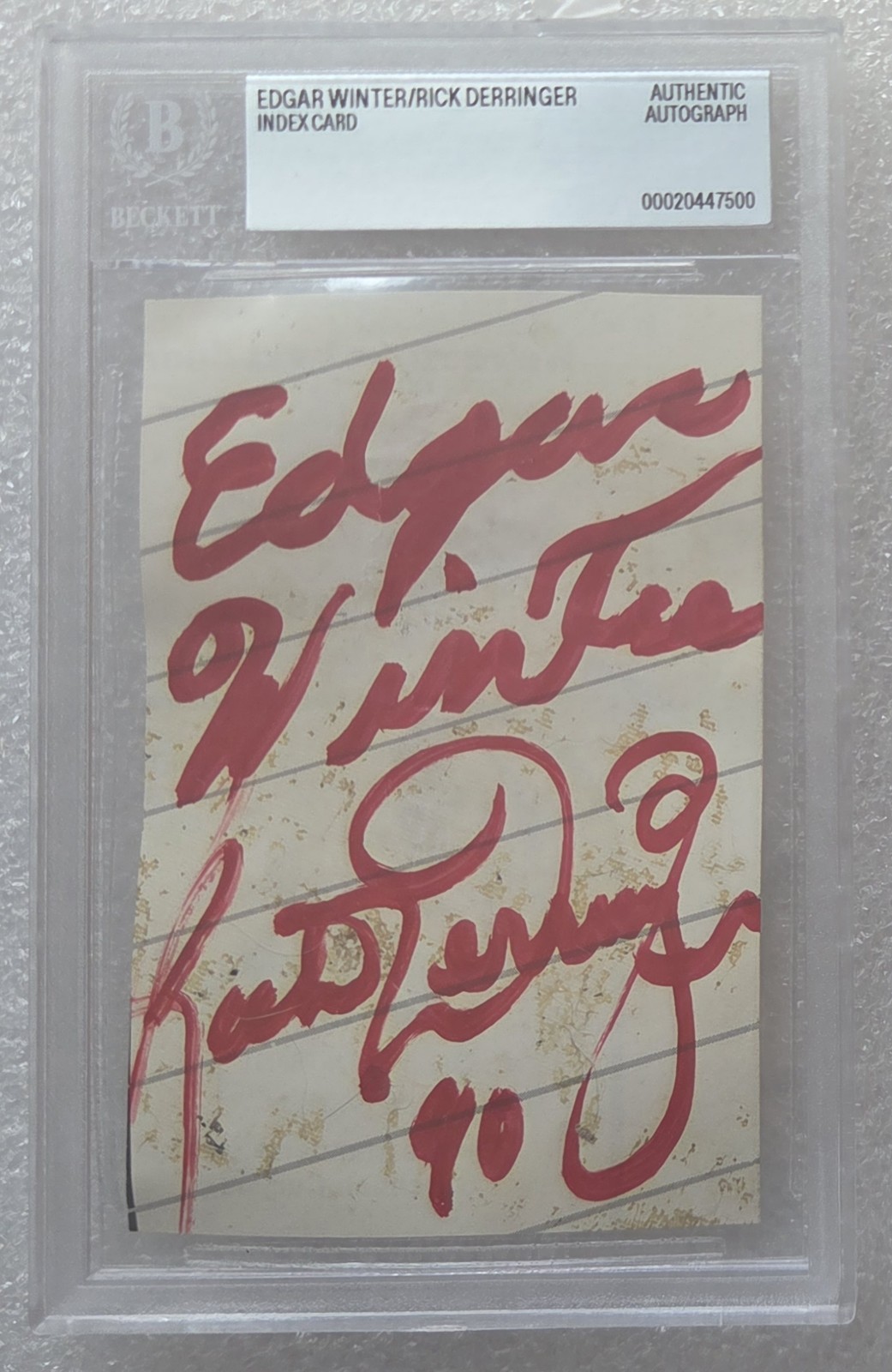 EDGAR WINTER RICK DERRINGER SIGNED CUT BECKETT BAS COA AUTOGRAPHED SLABBED