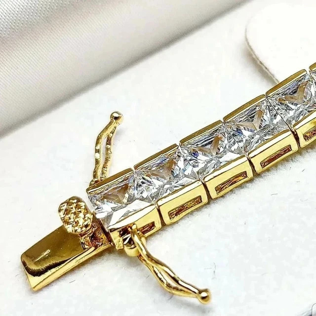 10 Ct Princess Cut Real Moissanite Men\'s Tennis Bracelet 14K Yellow Gold Plated