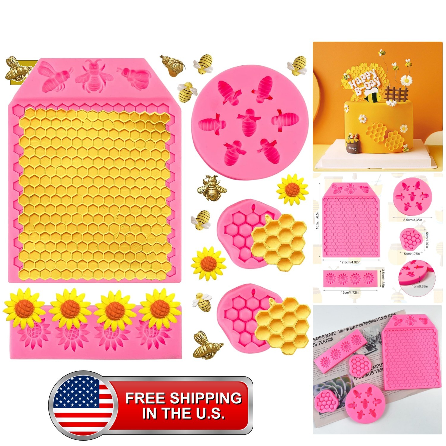 5 Pcs Bumble Bee Silicone Molds, Honeycomb Sunflower Fondant Mold, Beehive Si... 5 Pcs Bumble Bee Silicone Molds, Honeycomb Sunflower Fondant Mold, Beehive Si...