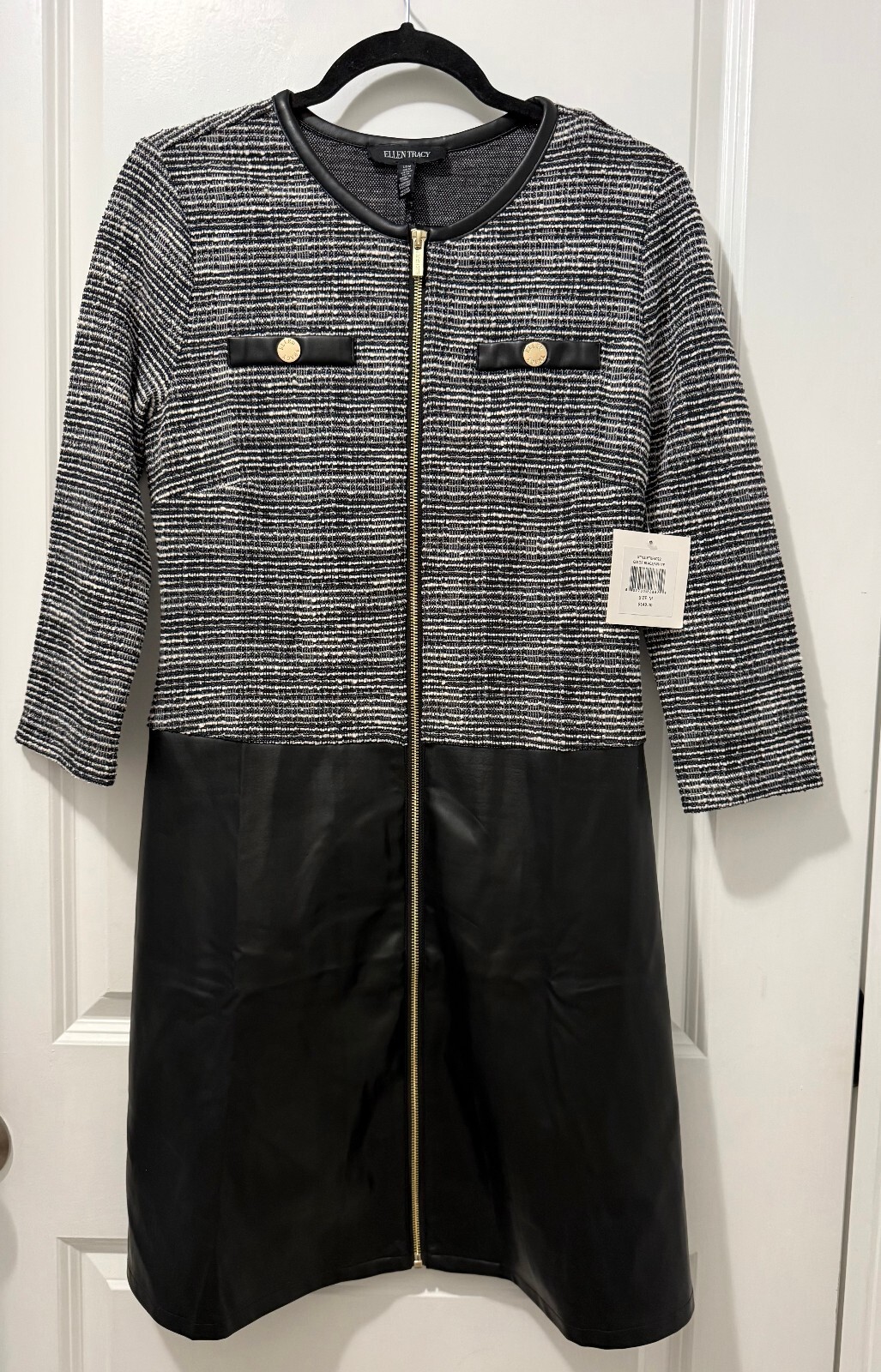 Ellen Tracy Tweed & Faux Leather Zip Dress, Size M, NWT
