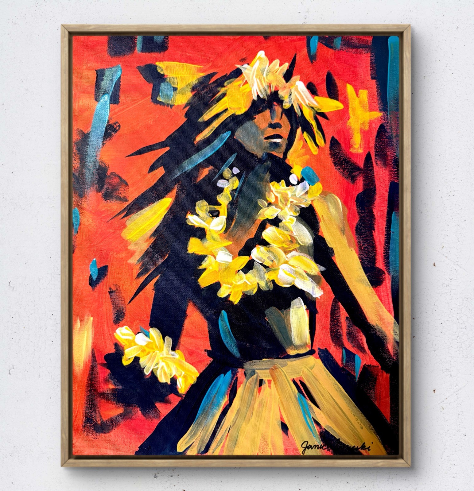 JANICEART 14x11 Original Hawaiian Hula Woman Signed Abstract Orange Wall Art