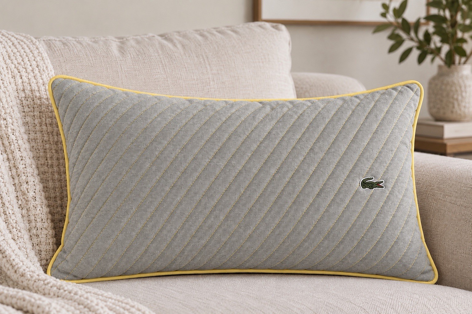 Lacoste Celery Jersey Quilted Pillow Covers 12x18 Gray Yellow NWT Set of 3