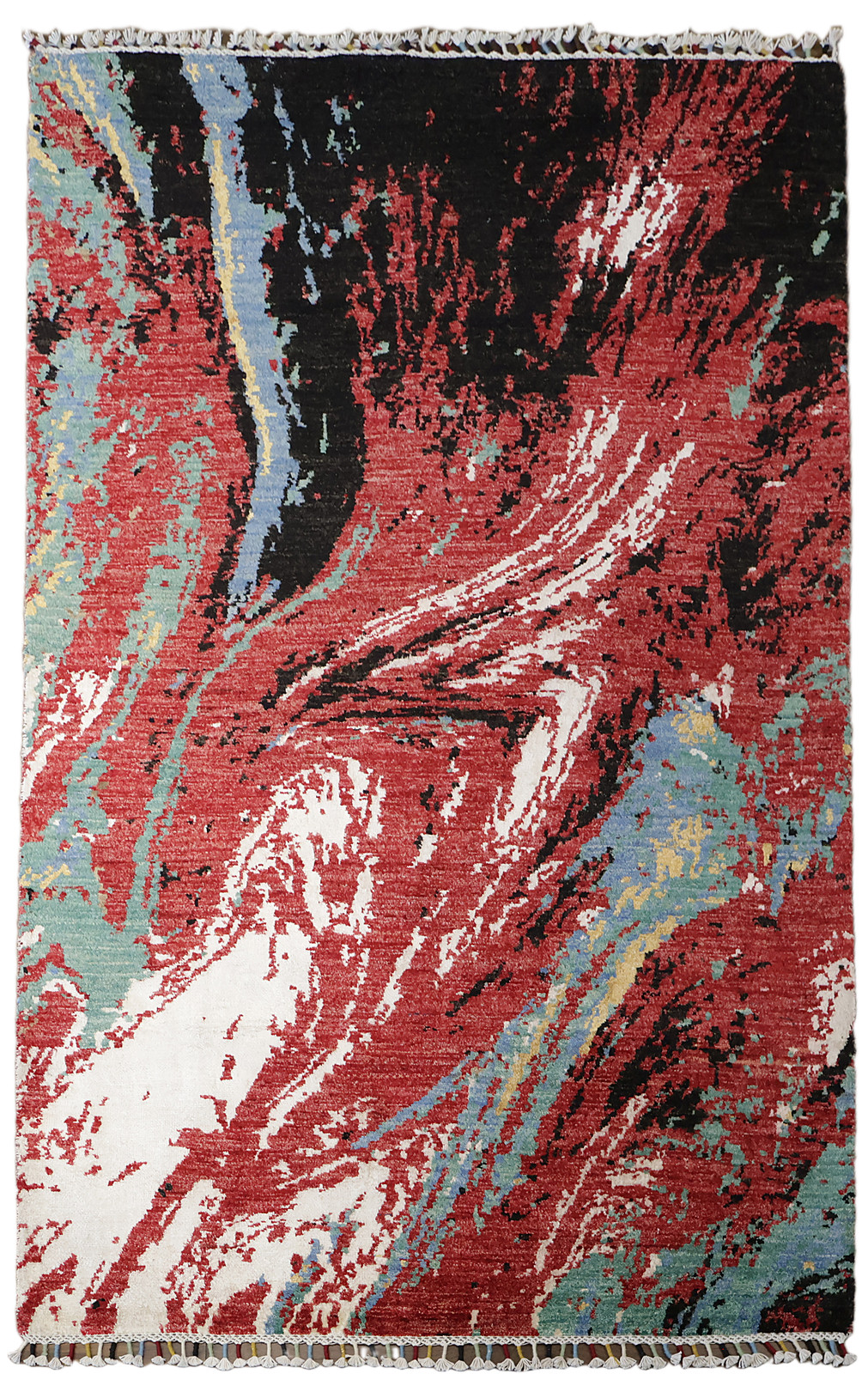 4x6 Artistic Modern Area Rug Abstract Wool Silk Hand-Knotted Red & Blue Hues