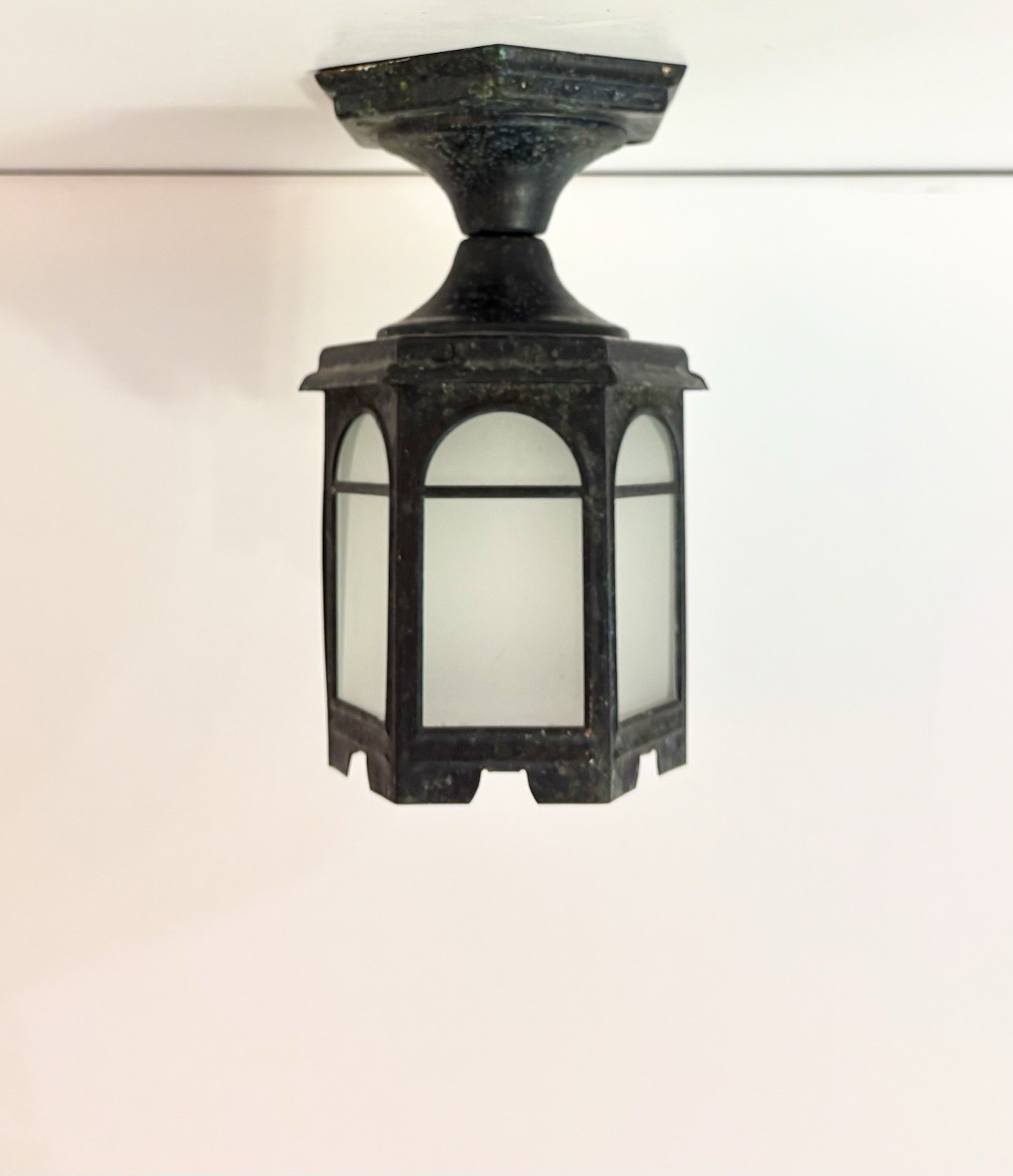 Antique 1930s 40s Whimsical Tudor Mission Copper Porch Ceiling Light Fixture Vtg