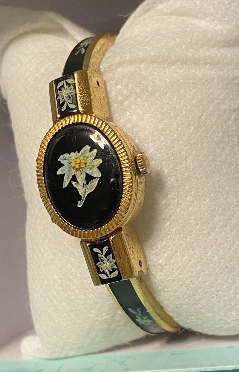 Vintage Andre Mouche Swiss Made Enamel Gold Plated Floral Bangle Watch NEW Batt