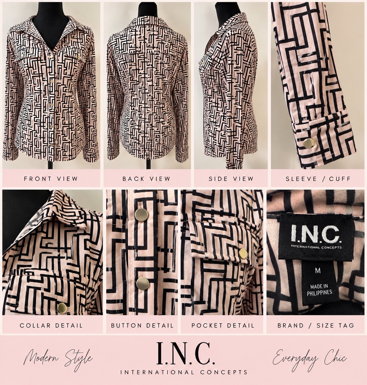 I.N.C. International Concepts Women’s M Geometric Print Button Down Blouse