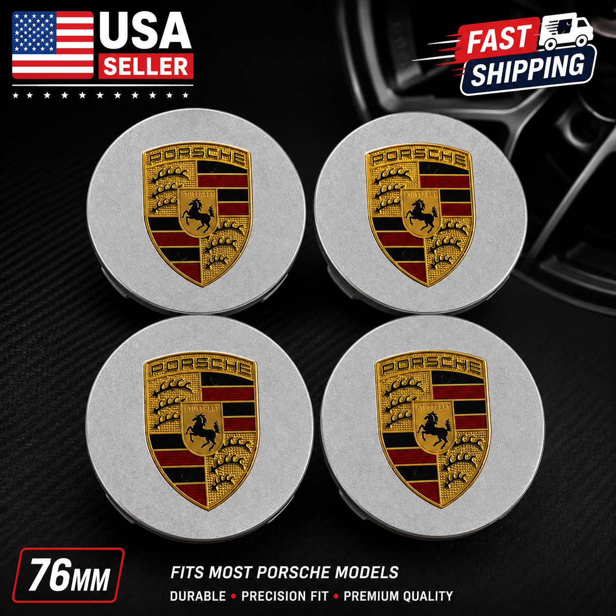 4 Porsche Silver Center Caps Concave 76mm Royal Crest 992 cayenne ,911, Carrera,