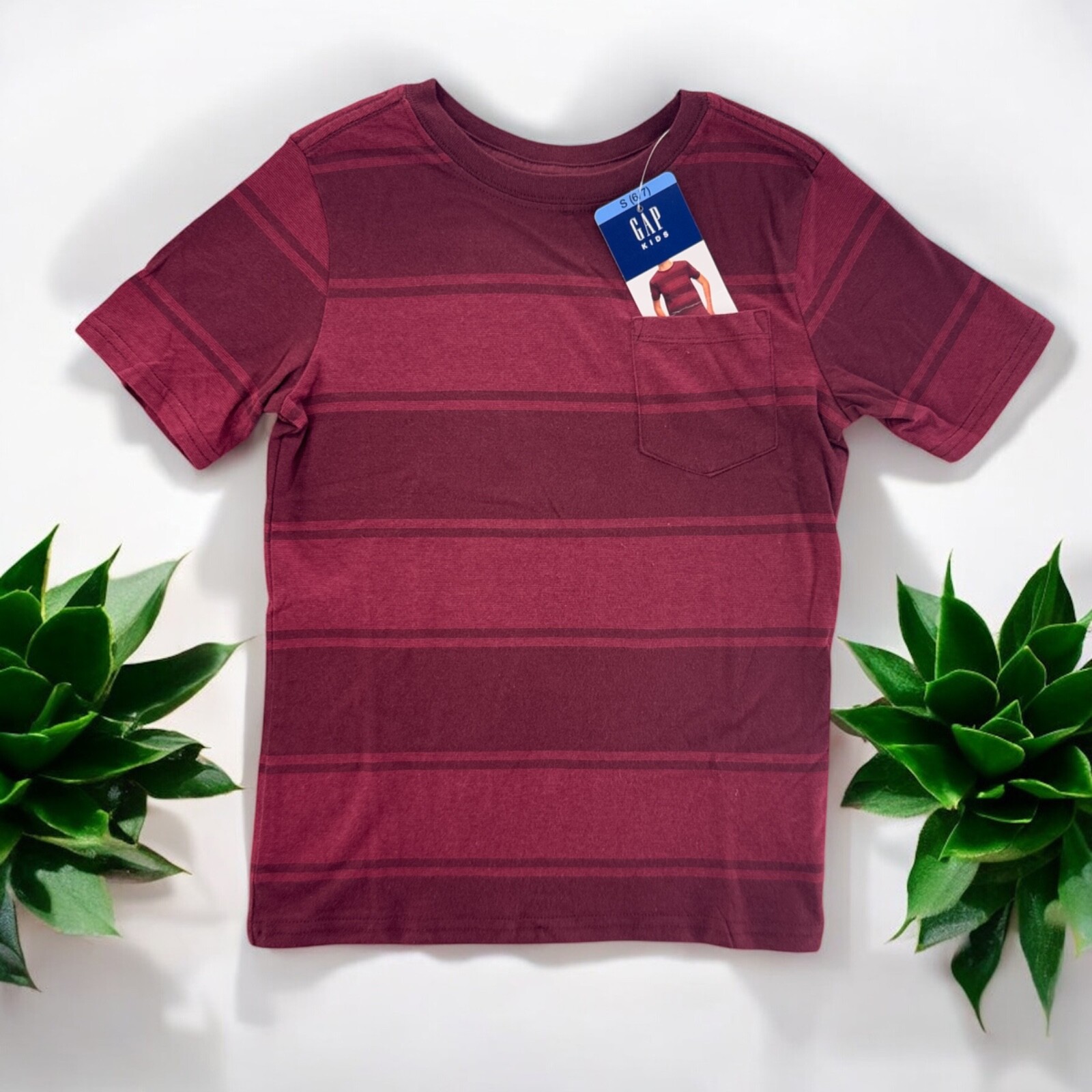 Gap Kids Boys Short Sleeve Tee T Shirt Striped Red Port  Sizes S,M,L,XL