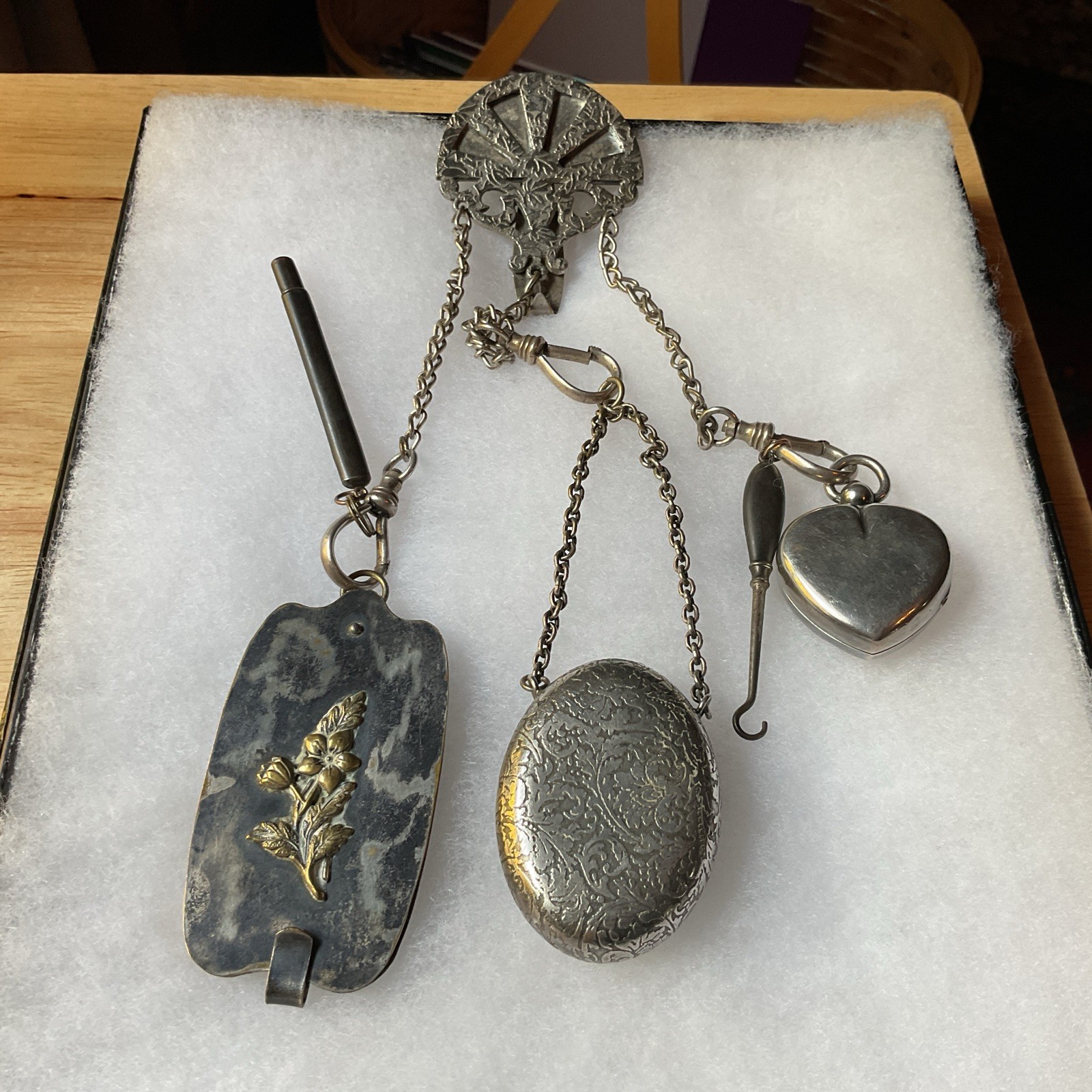 Rare Victorian Chatelaine With Perfume, Coin, Hook, Pencil, Notebook Rare Victorian Chatelaine With Perfume, Coin, Hook, Pencil, Notebook