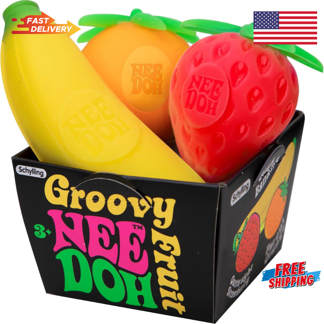 Schylling Groovy Nee_Doh Fruit Stress Ball Set – Squeezable Fidget Toy Pack of 3