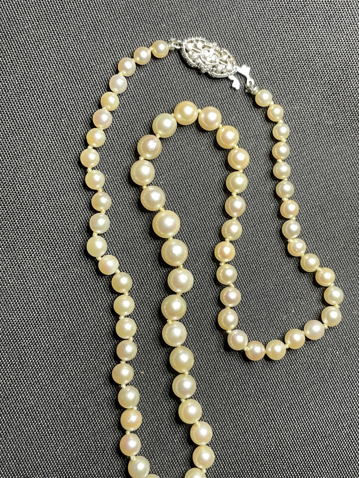 Graduated Pearl Necklace - Antique Deco Era 14k White Gold clasp Unusual Mix Graduated Pearl Necklace - Antique Deco Era 14k White Gold clasp Unusual Mix