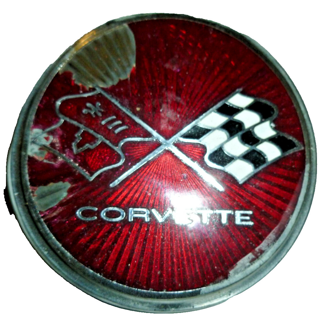 OEM Vintage 1975 -76 C3 Corvette Gas Fuel Door Cross Flags Sunburst Badge Emblem OEM Vintage 1975 -76 C3 Corvette Gas Fuel Door Cross Flags Sunburst Badge Emblem