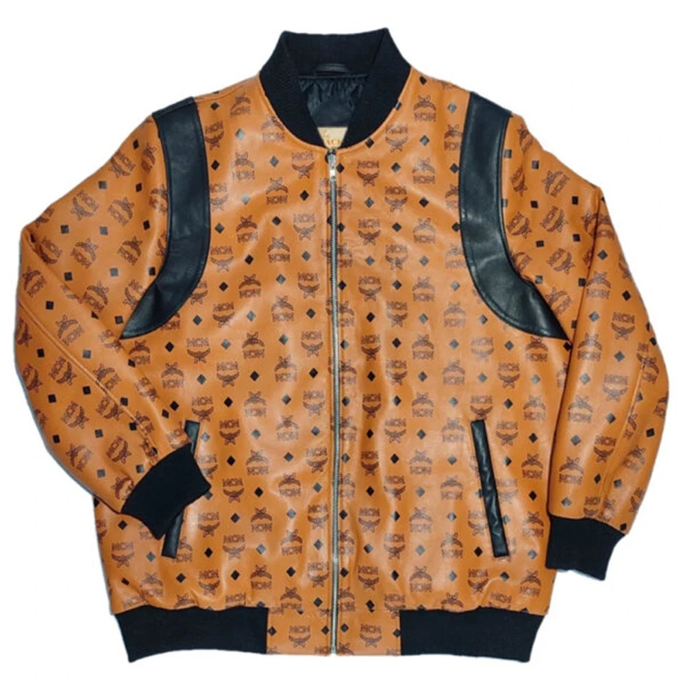 MCM Cognac Visetos Monogram Leather Bomber Jacket Men's Designer Outerwear