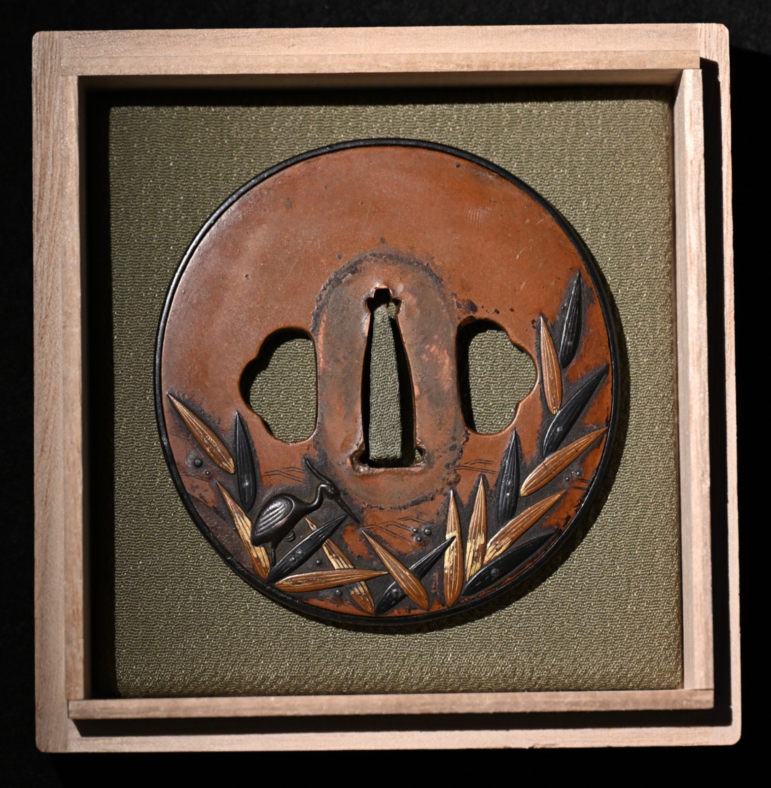 Tsuba Japanese antique copper Mumei a crane along the riverside design Edo era