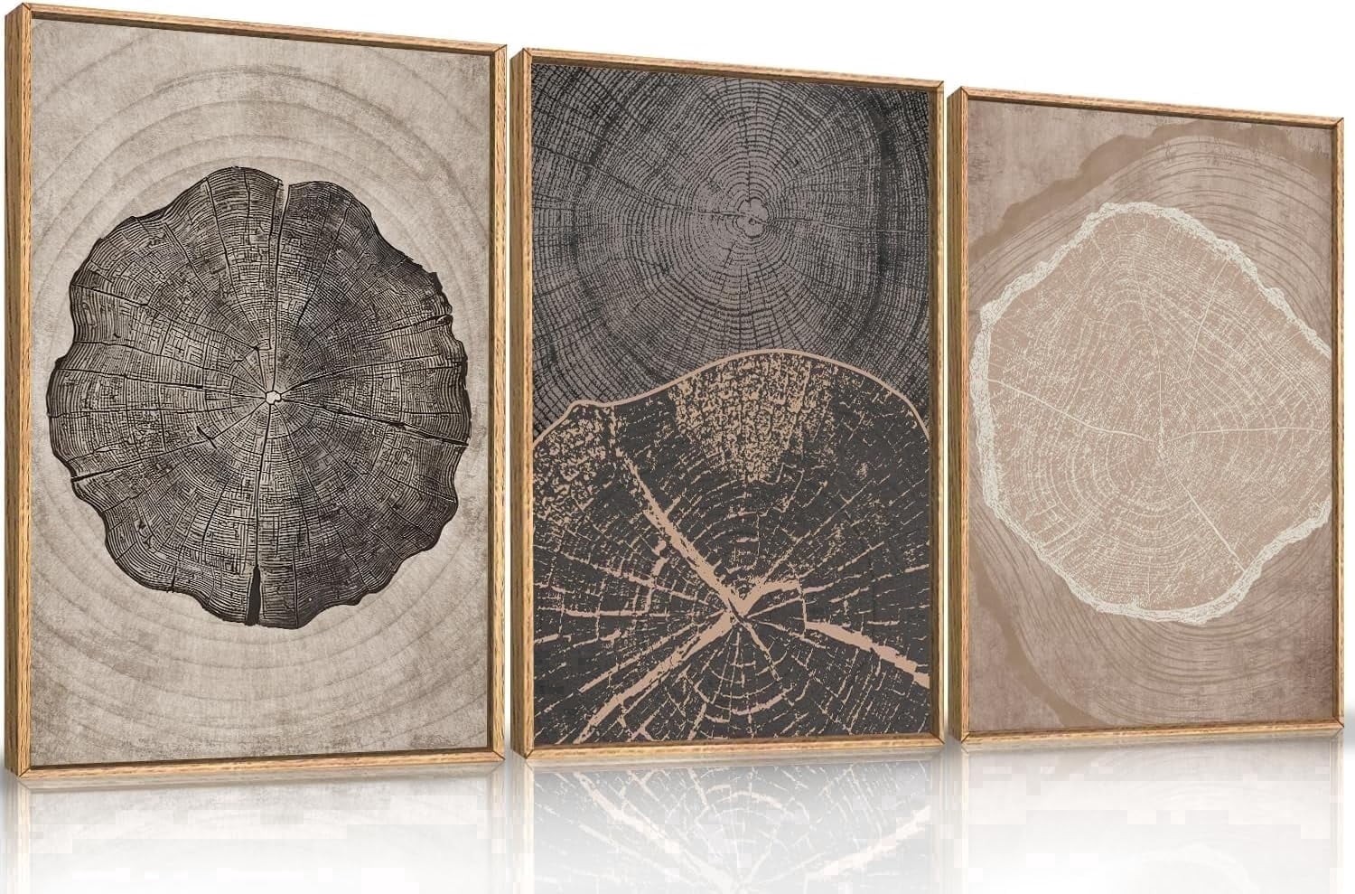 HPINUB Beige Tree Ring Framed Canvas Wall Art Set, Neutral Vintage Abstract Tree