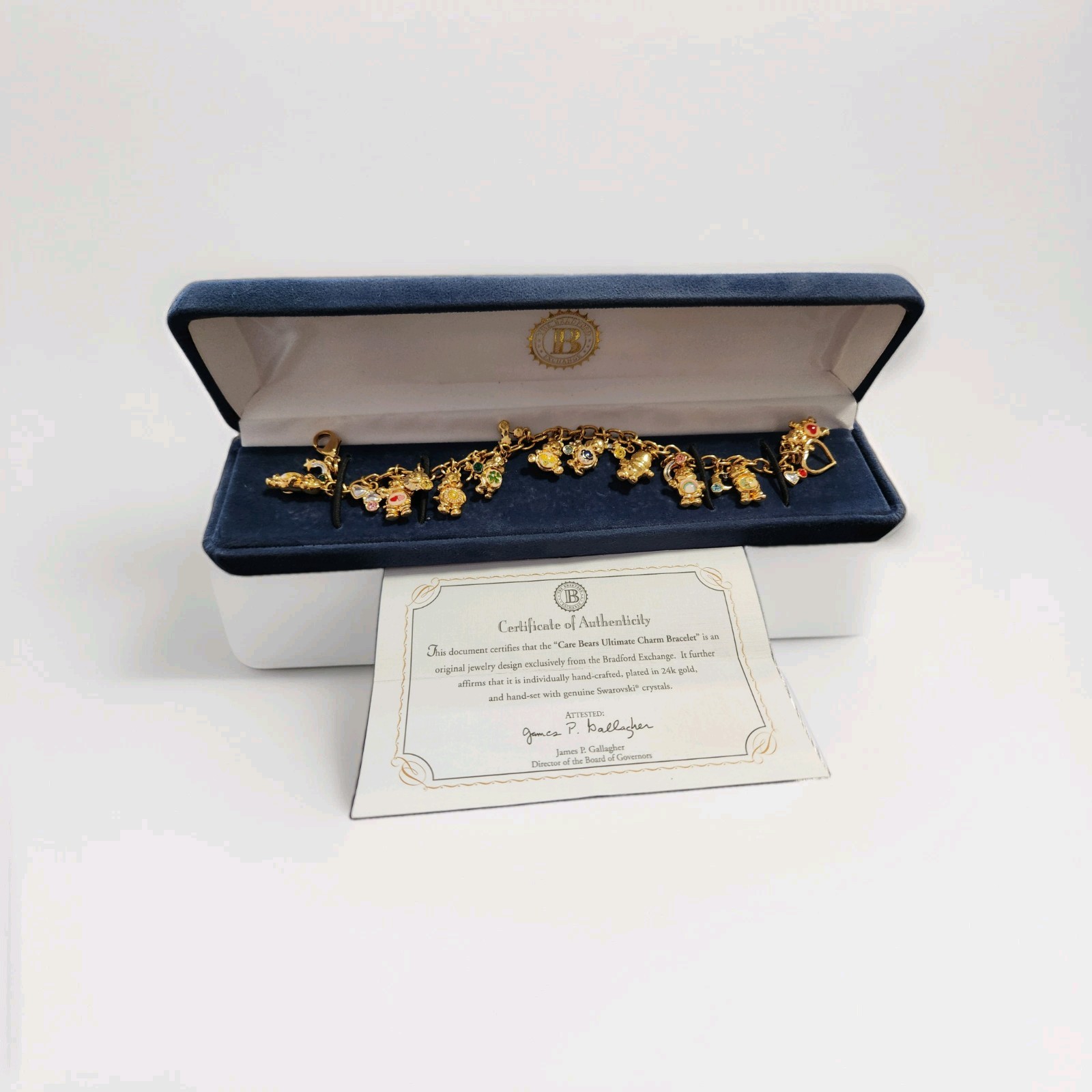 NIB 24k Gold Plated & Swarovski Bradford Exchange Care Bears Charm Bracelet