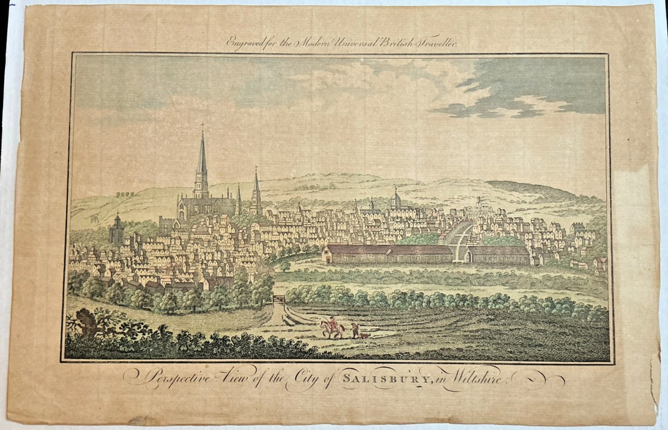 c1779 Salisbury Wiltshire Antique Hand Colored Engraving City View