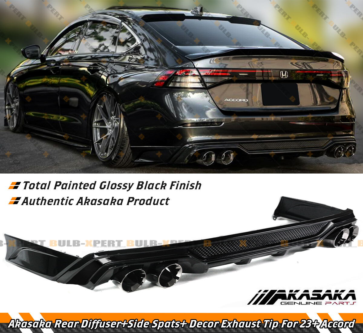 FOR 2023-26 ACCORD AKASAKA FULL BLACK REAR DIFFUSER + CORNER SPAT + EXHAUST TIP