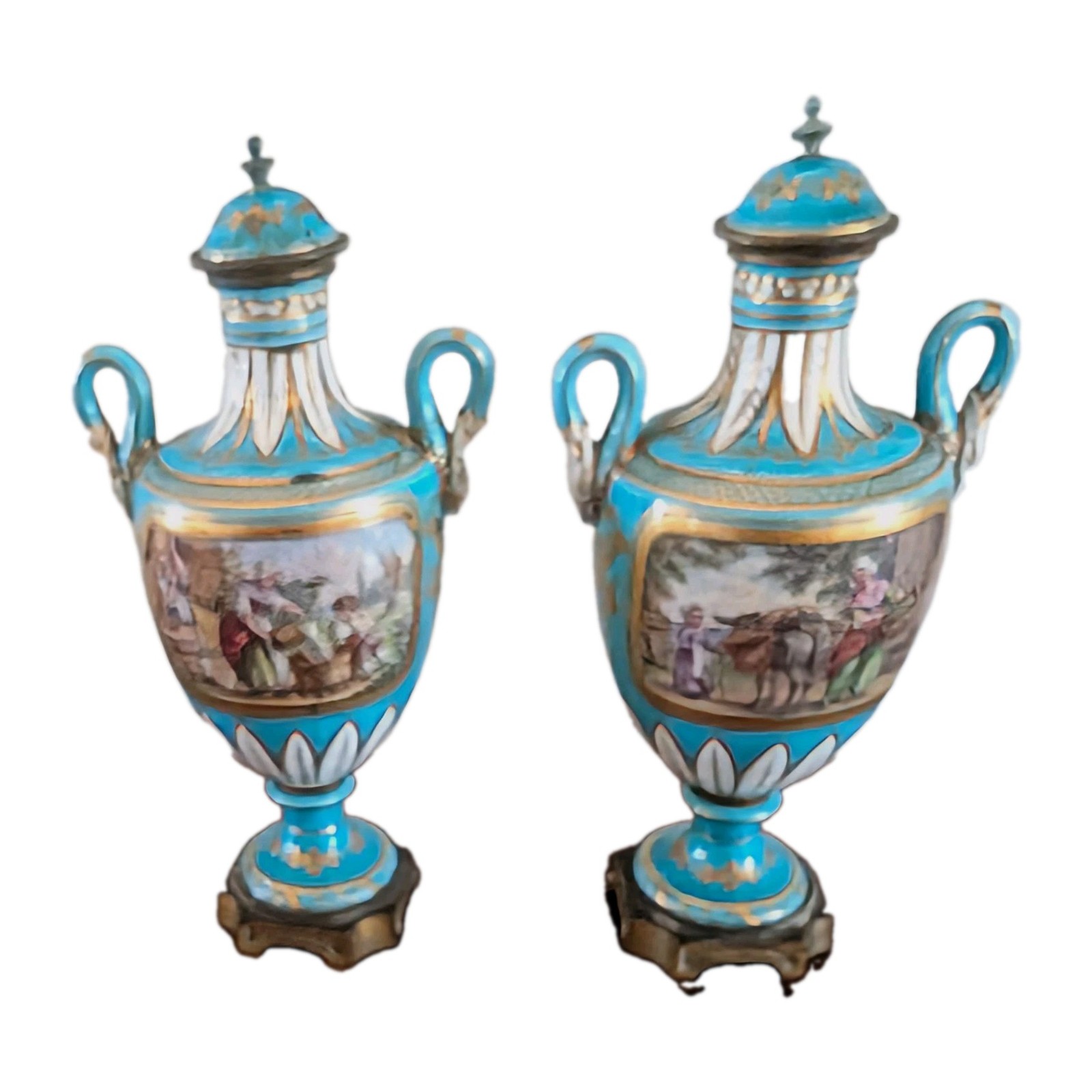 Antique Pair of c. 1860 French Sevres style Handpainted Vases ~ Staple Repairs Antique Pair of c. 1860 French Sevres style Handpainted Vases ~ Staple Repairs