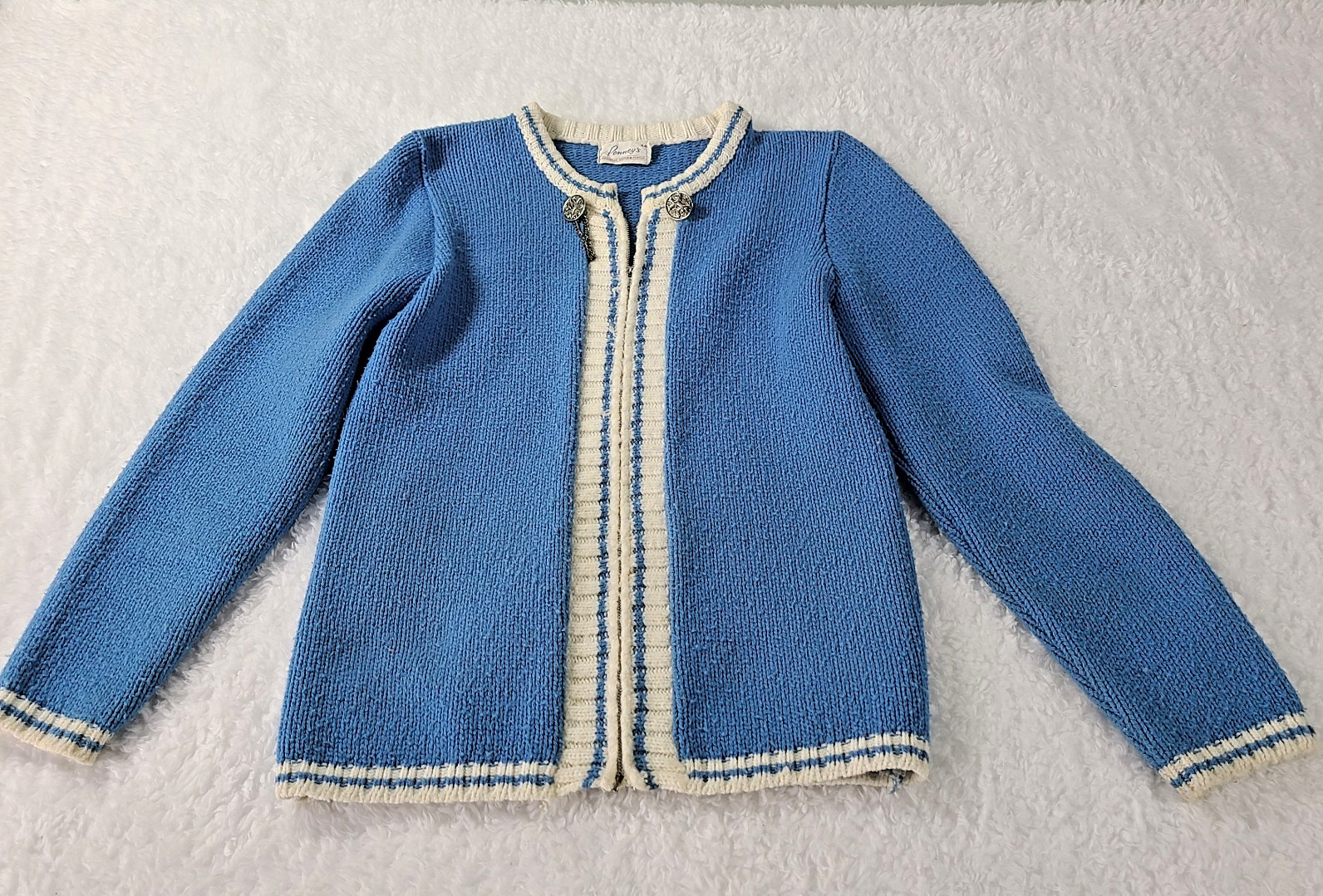Vintage 50s 60s Penneys Blue Orlon Cardigan Sweater Sz Small Buttons Zipper