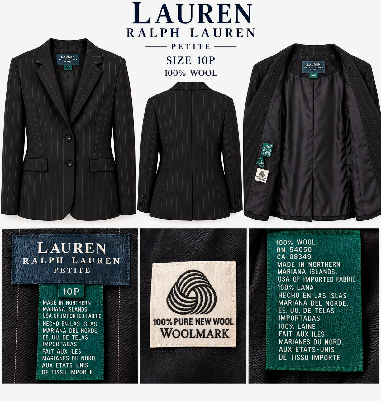 Lauren Ralph Lauren Petites 10P Black Pinstripe ALL Wool Blazer