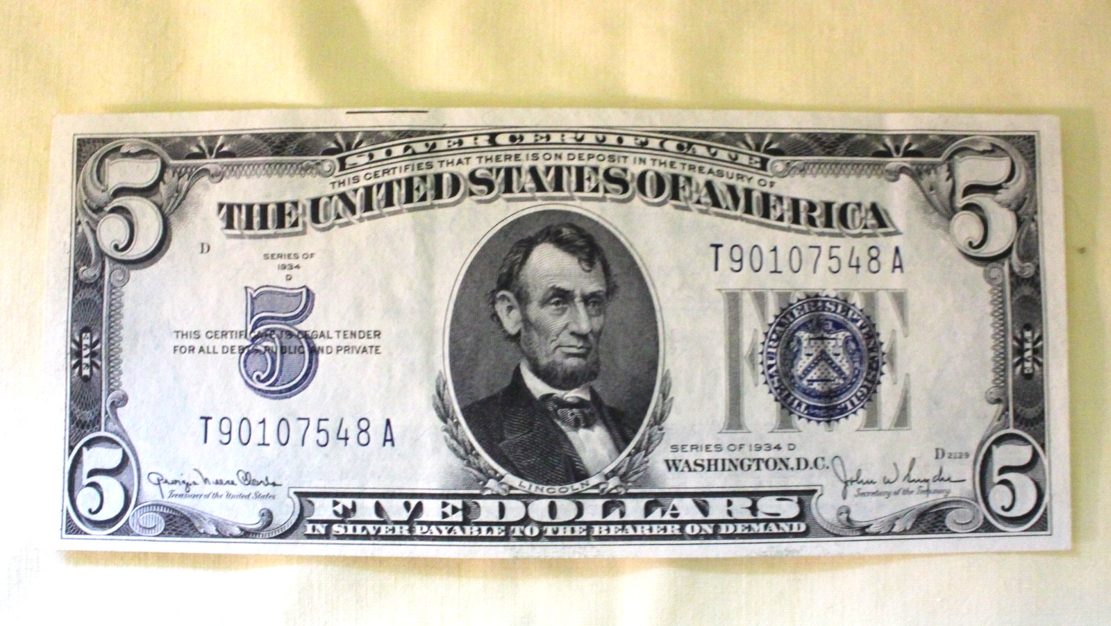 1934D $5 Silver Certificate Clarke/Snyder Blue Seal TA Block CRISP About UNC 1934D $5 Silver Certificate Clarke/Snyder Blue Seal TA Block CRISP About UNC