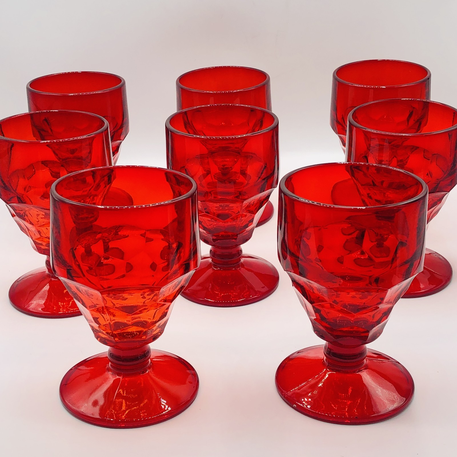 8 Vtg Ruby Red Octagonal Glass Goblets  MCM Diamond Geometric Glasses 5\