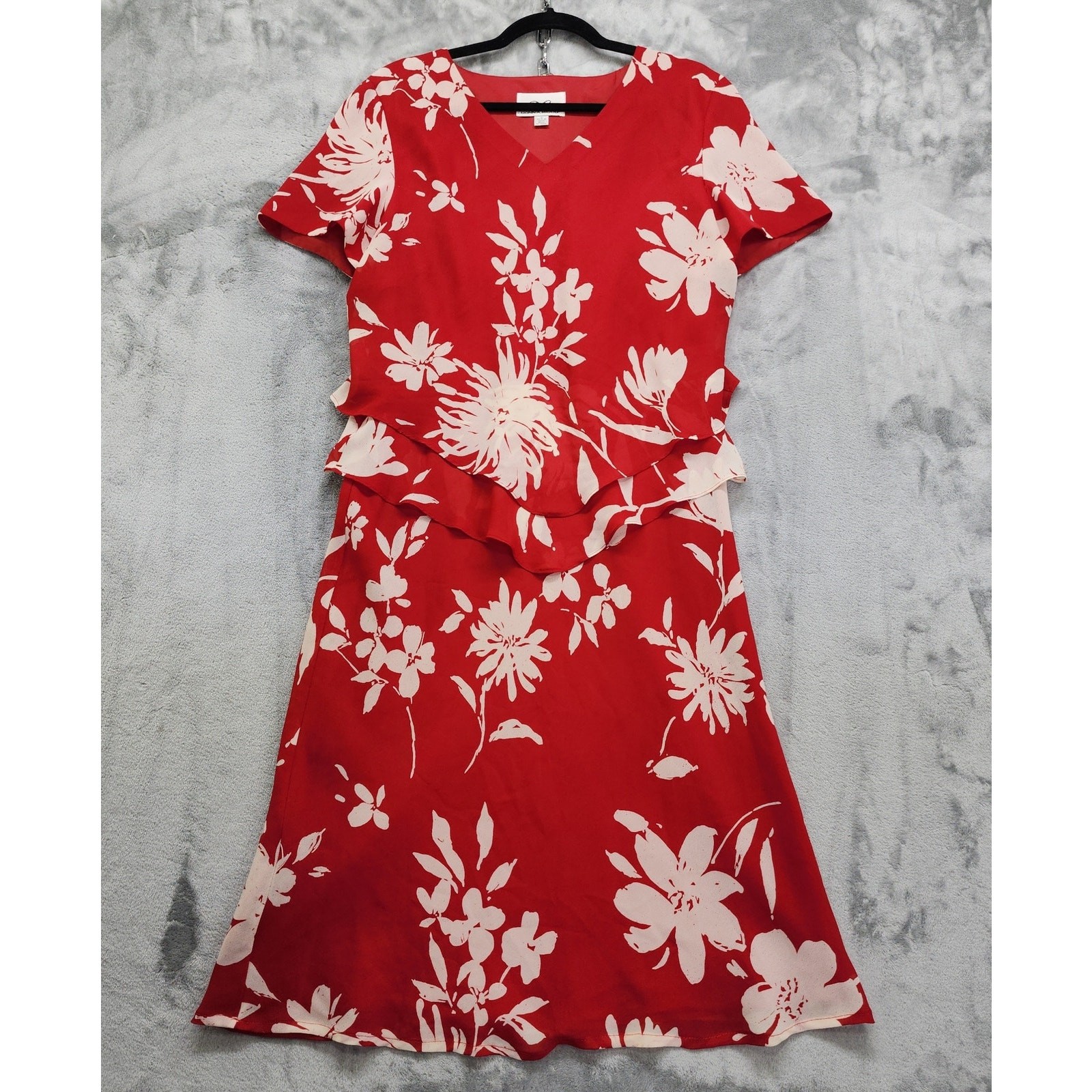 Vintage Donna Ricco Dress Womens 12 Red White Floral Short Sleeve Layered Midi