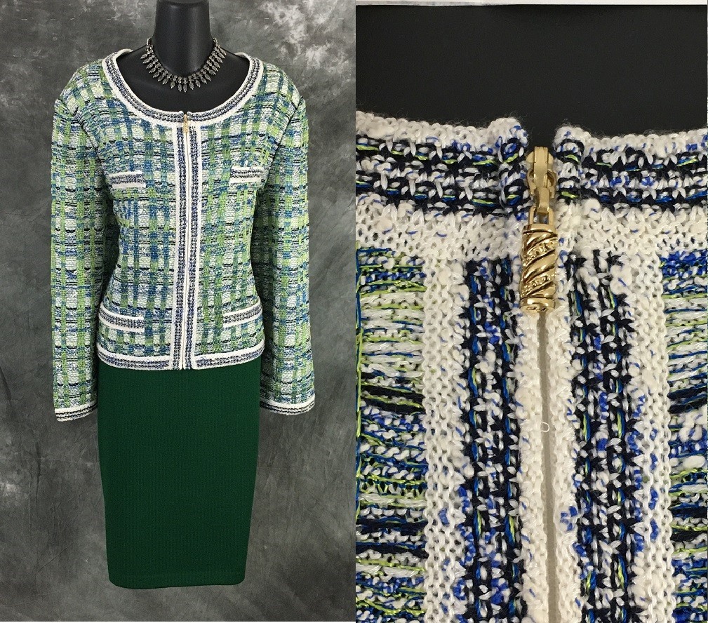 BEAUTIFUL st john collection knit green blue multi jacket skirt suit size 16