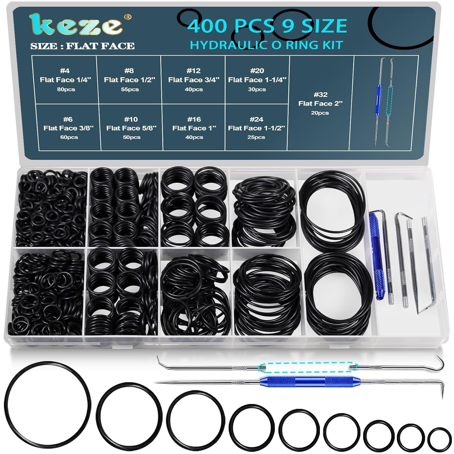 KEZE 400 Pcs Hydraulic O-Ring Flat Face Fittings 9 Size Buna-N 70A O Rings Seal