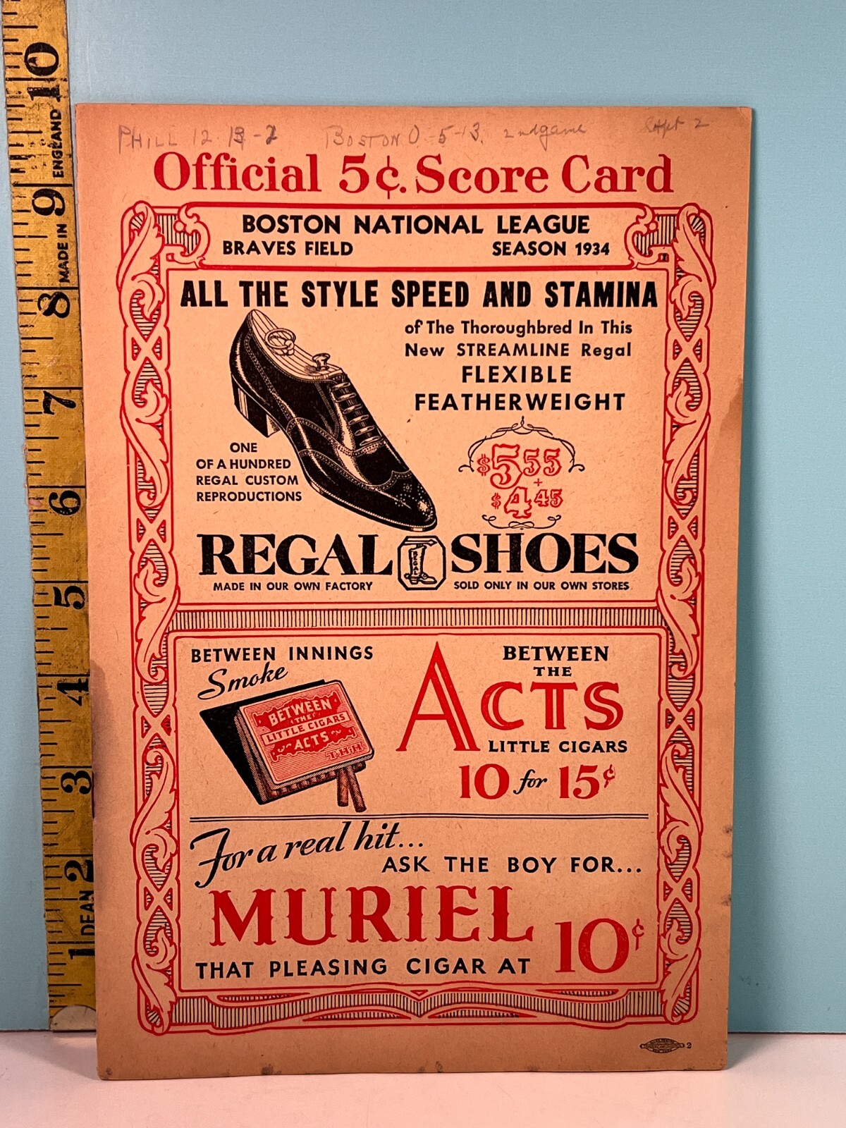🔥2 Sep 1934 Boston Braves Baseball Program vs Phillies Scored HIGH GRADE🔥