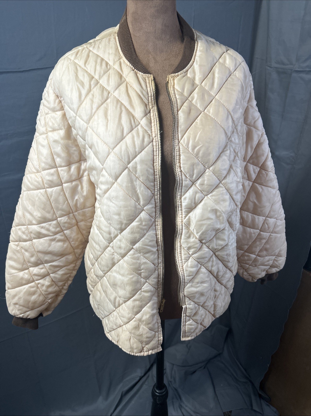VTG 50s 60s Quilted Bomber Liner Jacket Virgin Dacron Full Zip Cream AS IS