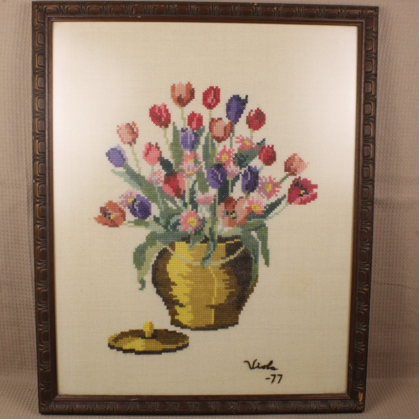 Viola Needlepoint Floral Tulip Art Framed 23x19 Vintage 1977 Multi Wall Decor
