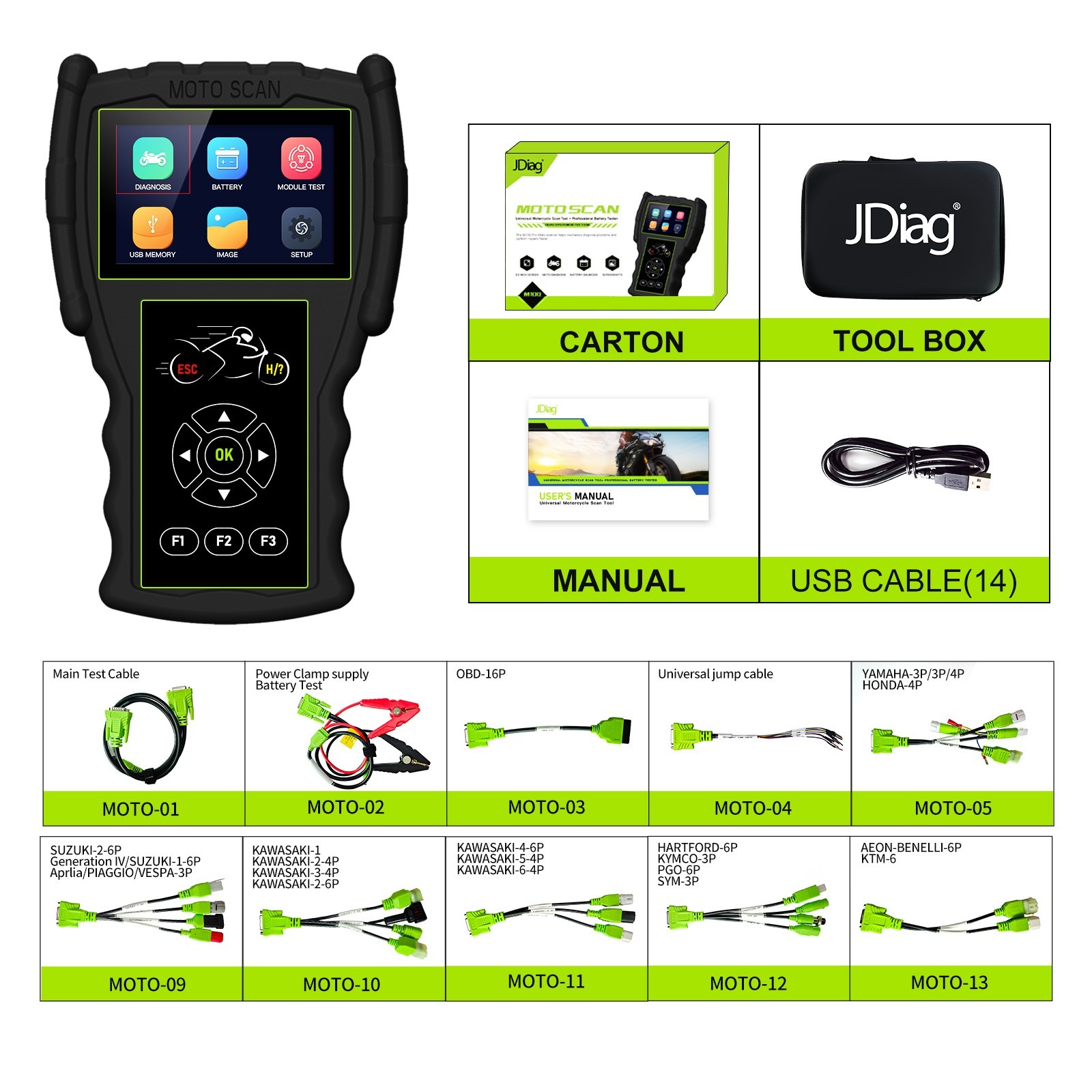 JDiag M100 Pro OBD2 Motorcycle Scanner ABS TPMS WiFi Battery Tester Full System