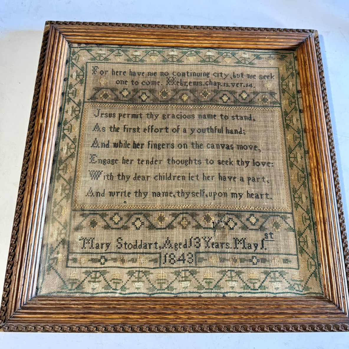 Antique 19thC 1843 Needlework Sampler Signed Mary Stoddart Aged 13 Framed 