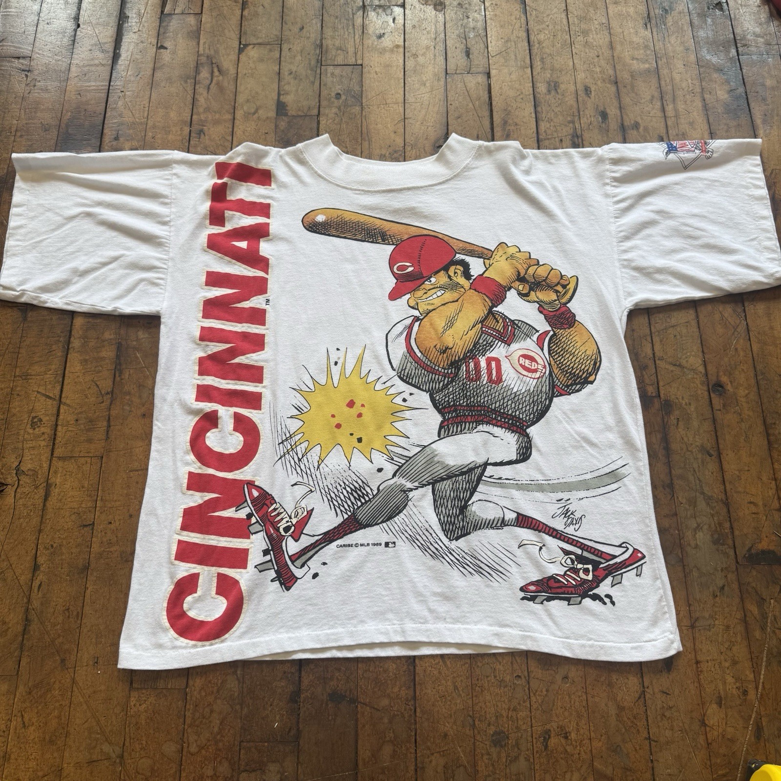 Vintage Cincinnati Reds Tshirt Jack Davis Mega Print Sz L/XL USA 80s