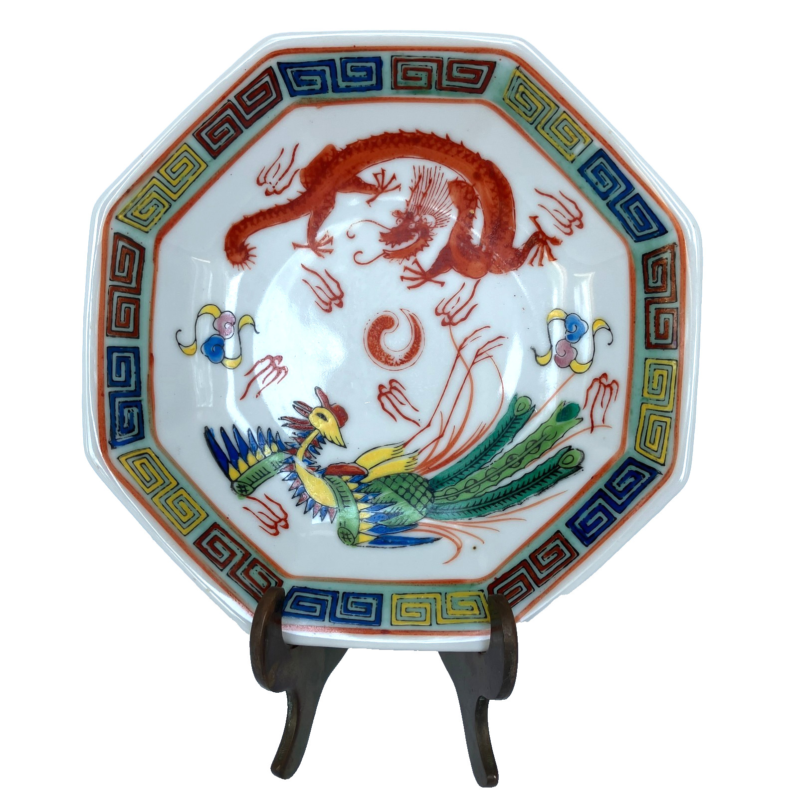 Vintage Chinese Pottery Dragon and Phoenix Octagonal Bowl Footed Dish 6.5\