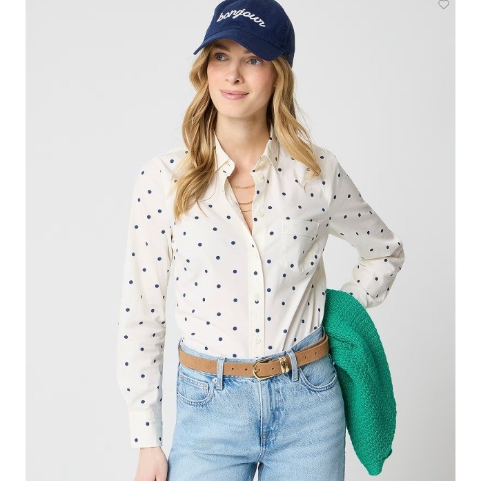 J Crew Top Womens Small  Ivory Navy Polka Dot Signature Fit Cotton Shirt BT991