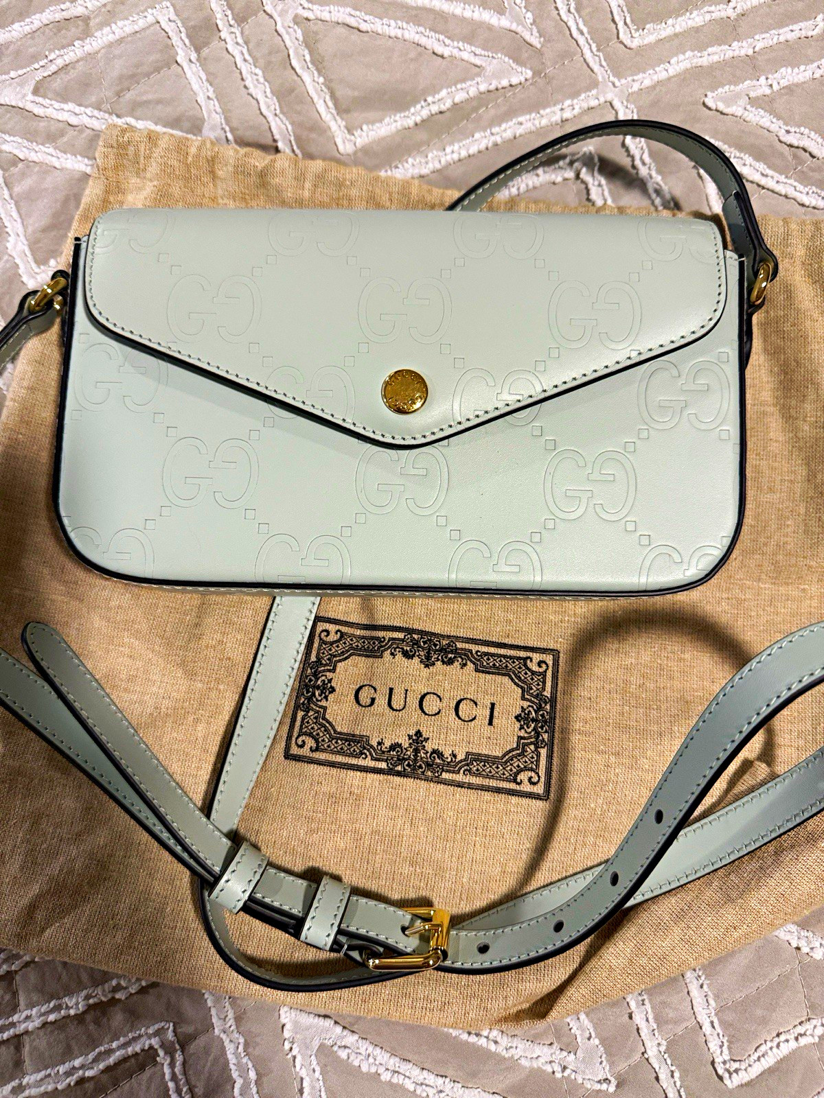 Gucci Light Blue GG Embossed Crossbody Bag Adjustable Strap Dust Bag