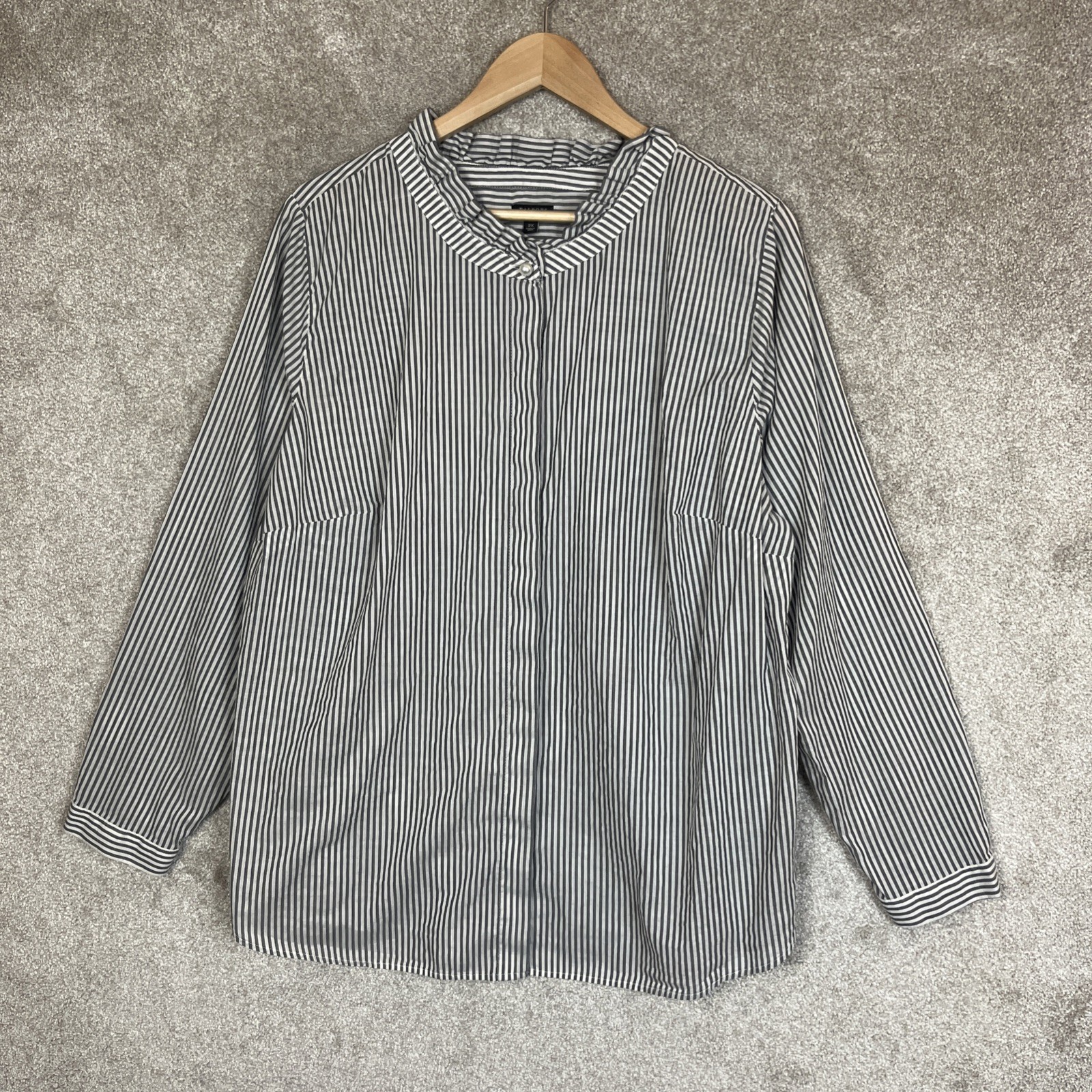 Talbots Blouse Womens 2X Gray Stripe Cotton Button Front Lightweight- 5273