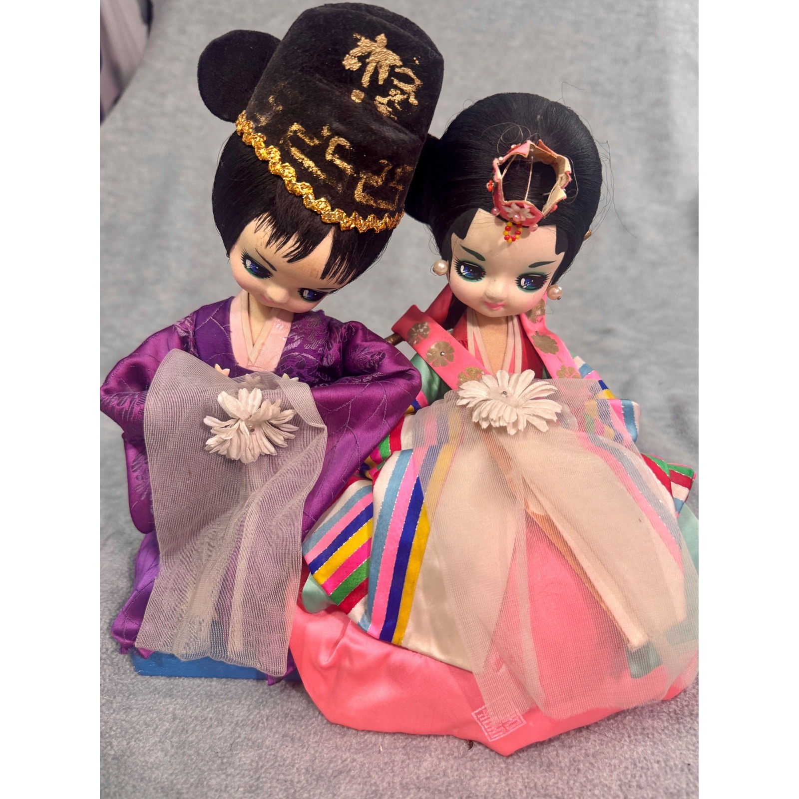 Vintage Korean Wedding Dolls Traditional Hanbok Bride and Groom Silk Figures